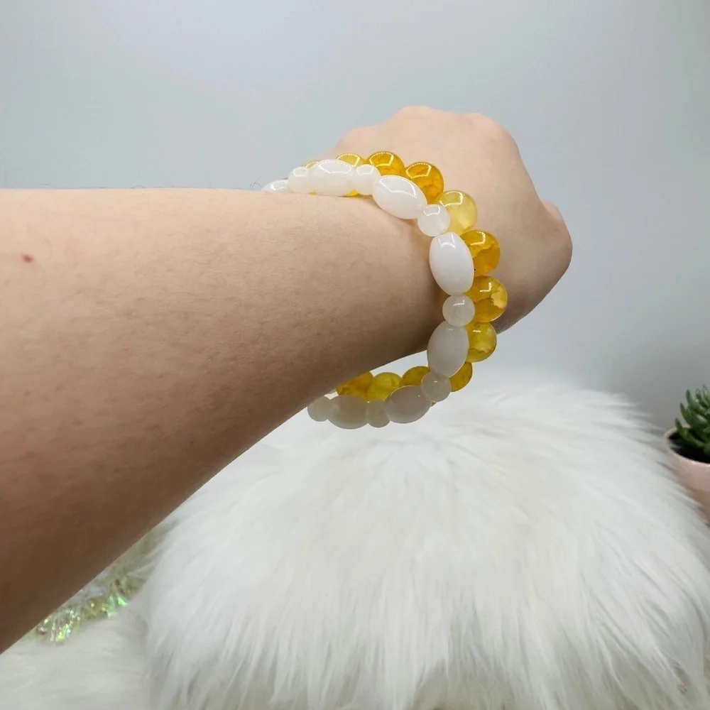 Celina Yellow Glass & White Rabbit Beaded Bracelet Duo